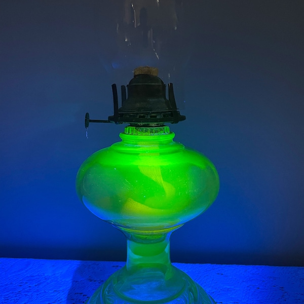 Vintage Uranium Glass Hurricane Oil Lamp