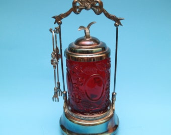 Antique Victorian Fancy Ornate Pickle Castor Ruby Red Glass Insert Meriden Pickle Cruet with Stand Lid and Tongs