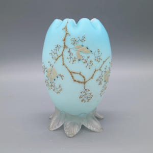 Antique Victorian Stevens & Williams Webb Blue Cased Hand Painted Satin Glass Vase | UV Glass