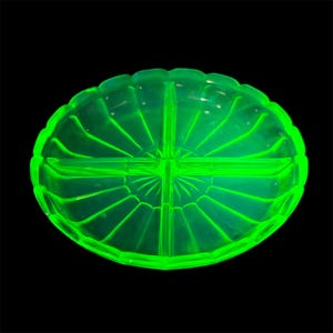 Vintage Green Uranium Depression Glass Divided Round Relish Tray/Plate | Uranium Nut Dish