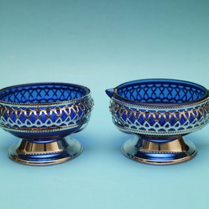 Vintage Pedestal Chrome Creamer & Sugar Set with Cobalt Blue Glass Inserts