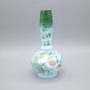 Victorian Style Century Bristol Blue Milk Glass, Hand Painted, Hand Blown with Enamelled Vase, Floral Design Flowers