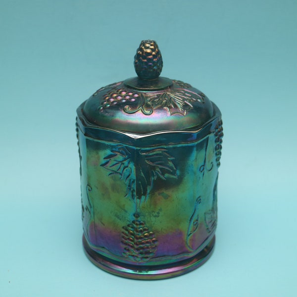 Indiana Glass Blue Carnival Harvest Grapes Iridescent Canister Candy Jar with Lid