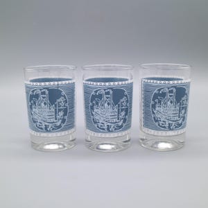 Jeanette Glass Wedgwood Style Grecian Blue Hellenic Horse Rider Lion 3.5&quot; Whiskey Glasses (Set of 3)