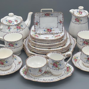 Royal Albert Petit Point Bone China Dinnerware Set Teapot Coffee Pot Plates Teacups Made in England Gold Trim Vintage Floral