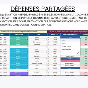 May include: A digital spreadsheet titled D&Eacute;PENSES PARTAG&Eacute;ES featuring columns for date, category, description, amount, payer, and recurring status. A dropdown menu displays options including Lucas, Emma, Partag&eacute; &agrave; 50/50, and Revenu partag&eacute;.