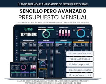 Planificador de Presupuesto Mensual en Español, Planificador de presupuesto, Rastreador de ahorros, Calendario, Rastreador de Suscripciones - Google Sheets