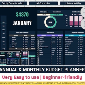 May include: Digital annual and monthly budget planner with a dark blue background. The planner includes sections for cash flow, bills, and expenses, with a January summary showing $4370 spent. Text includes "Very Easy to use | Beginner-friendly".