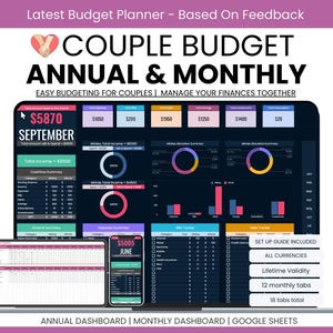 May include: A digital budget planner for couples, displayed on a laptop, tablet, and smartphone. The planner features annual and monthly financial dashboards with charts and tables. Text includes "COUPLE BUDGET ANNUAL & MONTHLY" and "EASY BUDGETING FOR COUPLES".