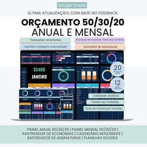 May include: A digital 50/30/20 annual and monthly budget spreadsheet for Google Sheets. The interface displays financial dashboards, charts, and trackers for recurring transactions, savings, goals, and subscriptions with a dark theme.