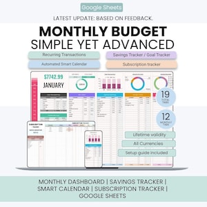 May include: A Google Sheets monthly budget tracker template featuring a dashboard with charts, a savings tracker, and a subscription tracker. The interface displays text including Monthly Budget Simple Yet Advanced, 19 Total Tabs, and 12 Monthly Tabs.