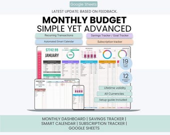 May include: A Google Sheets monthly budget tracker template featuring a dashboard with charts, a savings tracker, and a subscription tracker. The interface displays text including Monthly Budget Simple Yet Advanced, 19 Total Tabs, and 12 Monthly Tabs.