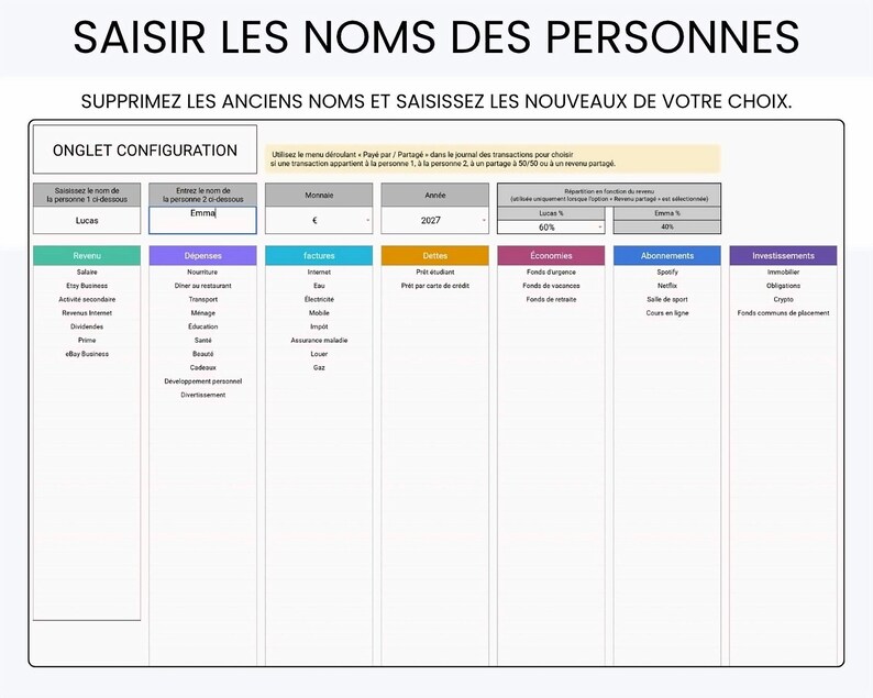 May include: A digital financial spreadsheet interface titled SAISIR LES NOMS DES PERSONNES. It features columns for income, expenses, bills, debts, savings, subscriptions, and investments with text labels in French and input fields for names.