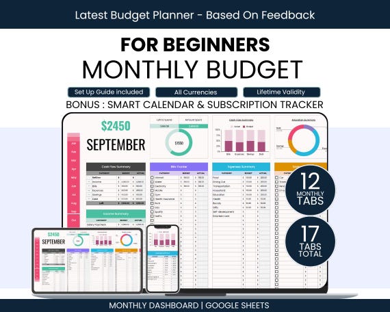 Monthly Budget Planner Google Sheets | Expense Tracker Spreadsheet | Digital Budget Tracker | Money Management | Finance & Savings Planner