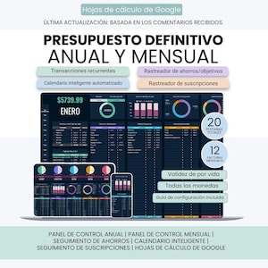 May include: A digital budget spreadsheet template for Google Sheets titled Presupuesto Definitivo Anual y Mensual. It features dark-themed dashboards with colorful charts, financial tracking tables, and icons for savings, subscriptions, and calendars.