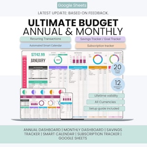 May include: A Google Sheets budget template featuring an annual and monthly dashboard. The interface displays charts, a savings tracker, a subscription tracker, and a smart calendar. Text includes Ultimate Budget Annual & Monthly, 20 Total Tabs, and 12 Monthly Tabs.