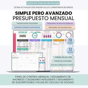 Spansk månadsbudgetplanerare, Planificador de presupuesto, Rastreador de ahorros, Calendario, Rastreador de Suscripciones - Google Sheets