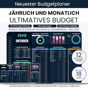Pode incluir: Um planejador de orçamento digital exibido em um laptop, tablet e smartphone. A interface é escura com dados financeiros, gráficos e o texto "ULTIMATIVES BUDGET". A tela mostra o mês de outubro e o valor de €6440. O planejador inclui 12 abas mensais e um total de 18 abas.