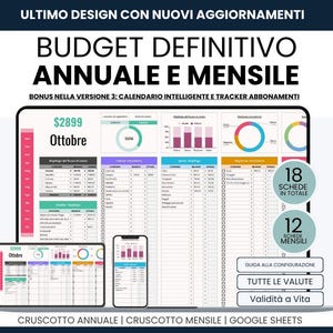 Può includere: Un pianificatore di budget digitale visualizzato su un laptop, un tablet e uno smartphone. Lo schermo mostra grafici e tabelle con il testo "BUDGET DEFINITIVO ANNUALE E MENSILE". Il testo aggiuntivo include "18 SCHEDE IN TOTALE" e "12 SCHEDE MENSILI".