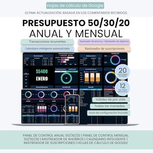 May include: A digital 50/30/20 annual and monthly budget spreadsheet for Google Sheets displayed on a laptop and smartphone screen. The dark-themed dashboard features colorful charts, financial trackers, subscription logs, and automated calendars.