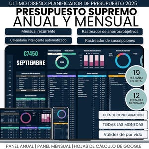 Pode incluir: Um planejador de orçamento digital para 2025, exibido em um tablet e smartphone. A interface é azul escuro com detalhes em branco e turquesa. O texto inclui "ORÇAMENTO ANUAL E MENSAL SUPREMO" e "Setembro €7450".