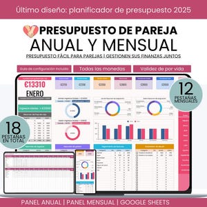 Puede incluir: Un planificador financiero digital para parejas, mostrado en una computadora portátil, tableta y teléfono. La pantalla muestra gráficos y tablas para la presupuestación anual y mensual. El texto incluye "Presupuesto Anual y Mensual" y "Google Sheets."