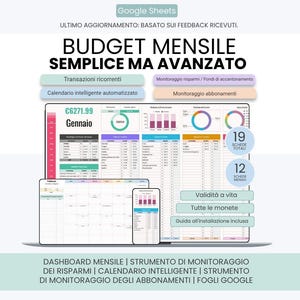 Pianificatore di budget mensile italiano, Pianificatore di Bilancio, Tracker dei Risparmi, Calendario , Gestione Abbonamenti - Google Sheets