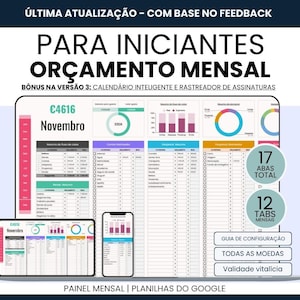 May include: A digital spreadsheet template for monthly budgeting, displayed on a laptop, tablet, and smartphone. The template features charts, graphs, and tables with the text "PARA INICIANTES ORÇAMENTO MENSAL" and "Novembro". The design includes a color palette of pink, green, and blue.