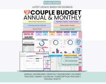 May include: A digital Google Sheets couple budget planner featuring an annual and monthly dashboard, savings tracker, subscription tracker, and automated smart calendar. The interface displays financial charts, tables, and income-based split tools.