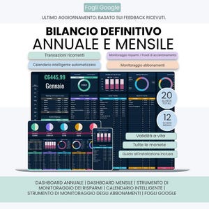 Può includere: Un foglio di calcolo finanziario digitale per Google Sheets intitolato BILANCIO DEFINITIVO ANNUALE E MENSILE. Presenta dashboard a tema scuro con grafici colorati, diagrammi e tabelle per il monitoraggio di transazioni, risparmi e abbonamenti.