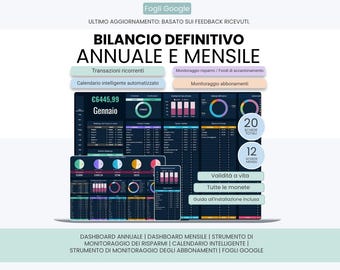 Italian Ultimate Budget Planner, Pianificatore di Bilancio, Tracker dei Risparmi, Calendario , Gestione Abbonamenti - Google Sheets