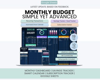 May include: A digital monthly budget spreadsheet for Google Sheets featuring a dark interface with colorful charts, a subscription tracker, savings goal tracker, and automated calendar. The display shows 19 total tabs and 12 monthly tabs.