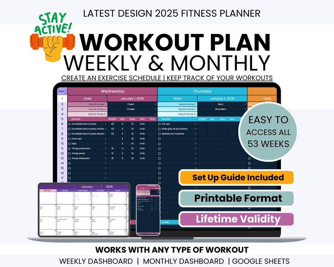 Gym Routine Spreadsheet Workout Planner Spreadsheet Google Sheets Exercise Tracker Gym ...