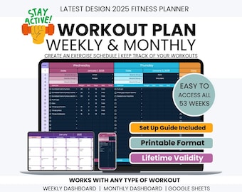 May include: A digital fitness planner with a workout plan, weekly and monthly views, and a set-up guide. The planner is designed to track workouts and create exercise schedules. The design includes the text "Stay Active!" and "Latest Design 2025 Fitness Planner."