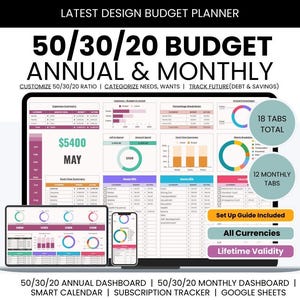 Presupuesto 50 30 20 / Plantillas de finanzas personales para presupuesto 50 30 20 / Planificador de presupuesto 50 30 20 / Hoja de cálculo de presupuesto 50 30 20 / Anual y mensual