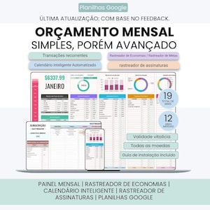 Pode incluir: Um modelo de planilha de orçamento mensal digital para Google Sheets com um painel que inclui gráficos, registros de transações e rastreadores de assinaturas. A interface exibe dados financeiros de janeiro, metas de economia e calendários automatizados.