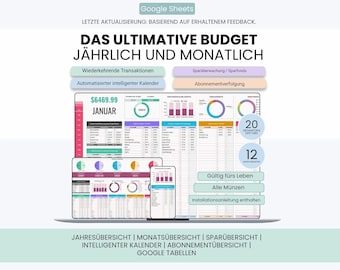 May include: A digital budget spreadsheet template for Google Sheets titled DAS ULTIMATIVE BUDGET JÄHRLICH UND MONATLICH. The interface displays financial data, charts, and tables across a laptop, tablet, and smartphone screen layout.