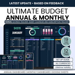 May include: A digital budget planner displayed on a tablet, phone, and computer screen. The screens show financial data, charts, and the text "ULTIMATE BUDGET ANNUAL & MONTHLY". Additional text includes "BONUS: SAVINGS TRACKER, SMART CALENDAR AND SUBSCRIPTION TRACKER".