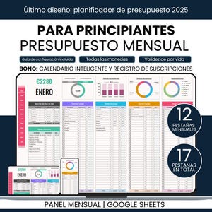 Op de afbeelding: Een digitale budgetplanner voor beginners, weergegeven op een laptop, tablet en telefoon. De planner bevat een maandelijkse budgetindeling met grafieken en tabellen. De tekst op het scherm luidt "Maandelijks Budget" en "Google Sheets."