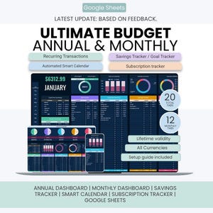 Ultieme spreadsheet voor jaarbegroting | Teruglopende fondsen/doelentracker | Kalender | Abonnementstracker | Google Spreadsheets, maandbudget