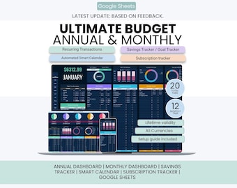Foglio di calcolo definitivo per il budget annuale / Fondi di accantonamento / Monitoraggio degli obiettivi / Calendario / Monitoraggio degli abbonamenti / Budget annuale e mensile (Fogli Google)