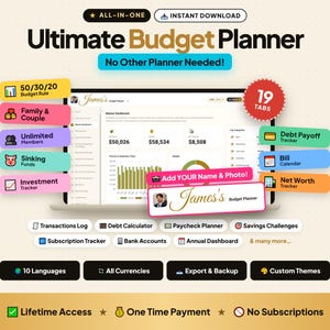 Könnte beinhalten: Ein digitaler Budgetplaner auf einem Laptop-Bildschirm mit 19 Registerkarten, darunter Schulden-Tracker, Rechnungskalender und Nettovermögens-Tracker. Die Benutzeroberfläche zeigt ein Haupt-Dashboard mit Diagrammen sowie einen Bereich für Name und Foto.