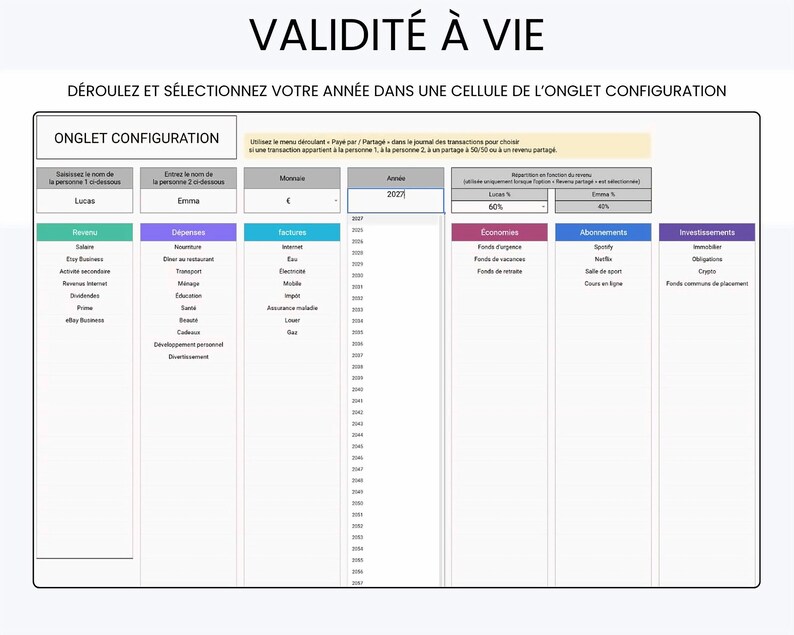 May include: A digital spreadsheet interface titled VALIDIT&Eacute; &Agrave; VIE featuring a configuration tab with columns for revenue, expenses, bills, savings, subscriptions, and investments, including dropdown menus for year selection and currency.