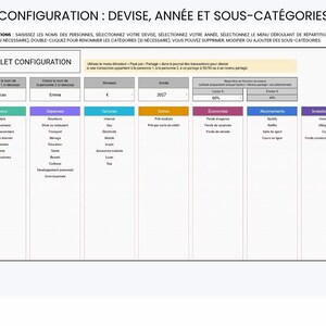 May include: A digital spreadsheet template titled CONFIGURATION : DEVISE, ANN&Eacute;E ET SOUS-CAT&Eacute;GORIES. It features columns for names, currency, year, and percentage splits, followed by categorized lists for income, expenses, bills, debts, savings, subscriptions, and investments.