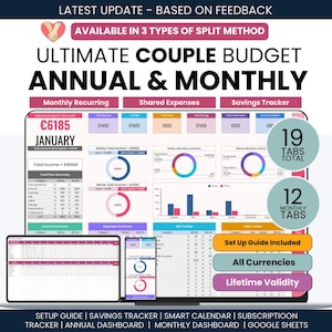 May include: A digital financial planning tool for couples, displayed on a laptop, tablet, and smartphone. The interface shows budget tracking with charts and tables. Text includes "Ultimate Couple Budget Annual & Monthly" and "All Currencies."