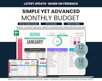 May include: A digital monthly budget planner with a clean, organized layout. The design includes a savings tracker, smart calendar, and subscription tracker. The display shows financial data, charts, and the text "SIMPLE YET ADVANCED MONTHLY BUDGET".
