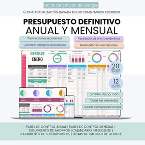 Puede incluir: Una plantilla digital de hoja de cálculo de presupuesto anual y mensual para Google Sheets. La interfaz muestra datos financieros, incluyendo transacciones recurrentes, rastreadores de ahorros, registros de suscripciones y calendarios automatizados con gráficos.