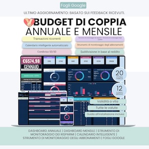 Può includere: Uno strumento digitale di monitoraggio del budget per Google Sheets intitolato Budget di Coppia Annuale e Mensile. L'interfaccia mostra dati finanziari, grafici e tabelle su uno schermo di laptop e smartphone, con testo in italiano.