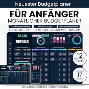 Op de afbeelding: Een digitale budgetplanner weergegeven op een laptop, tablet en telefoon. De planner is donkerblauw met witte tekst en bevat grafieken en financiële gegevens. Tekst op het scherm is onder meer "OKTOBER", "12 MAANDELIJKSE TABS" en "17 TABS TOTAAL".