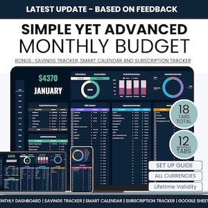 May include: A digital display of a monthly budget spreadsheet, with the text "SIMPLE YET ADVANCED MONTHLY BUDGET." The display shows financial data, charts, and the text "£4370 JANUARY." Additional features include a savings tracker, smart calendar, and subscription tracker.